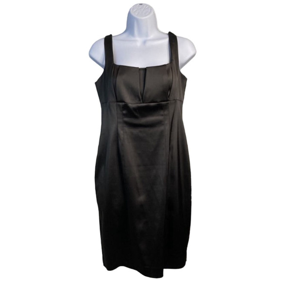 David Meister Black Cocktail Dress Square Neck Pleats Satin Slip LBD Sheath 10 - Picture 1 of 8
